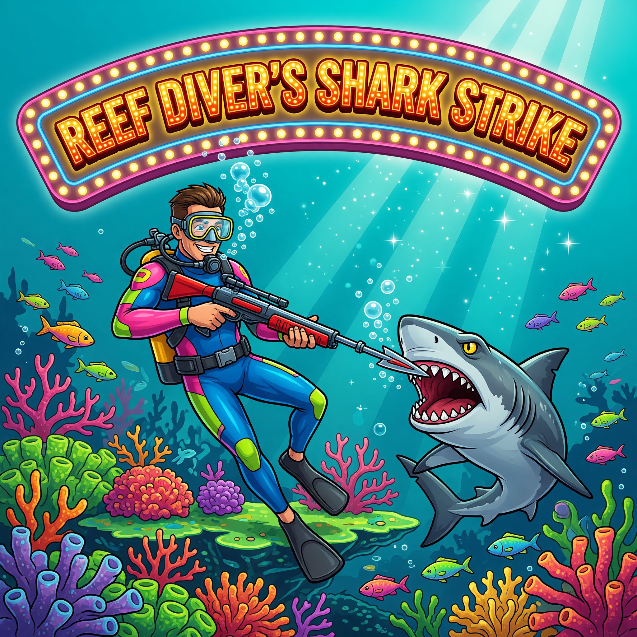 A spear-gun diver ranger fending off a reef shark over a sunlit coral shelf, Reef Diver's Shark Strike game art.