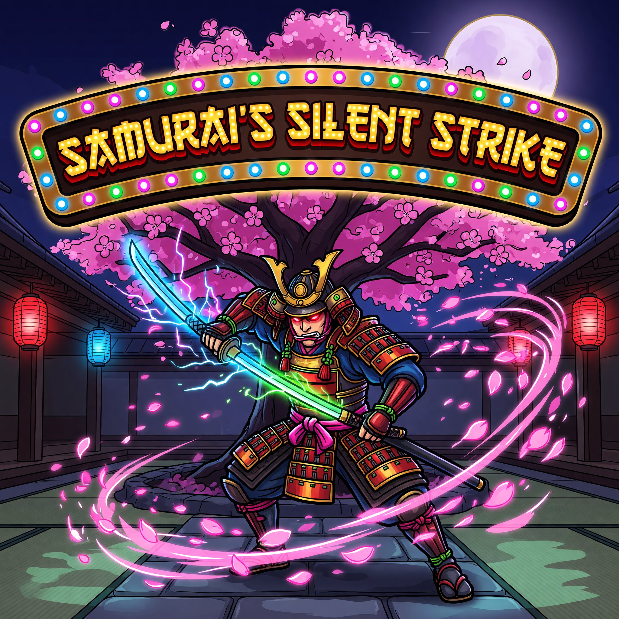 An armored samurai warrior mid-draw with a katana beneath a cherry-blossom tree, Samurai's Silent Strike game art.