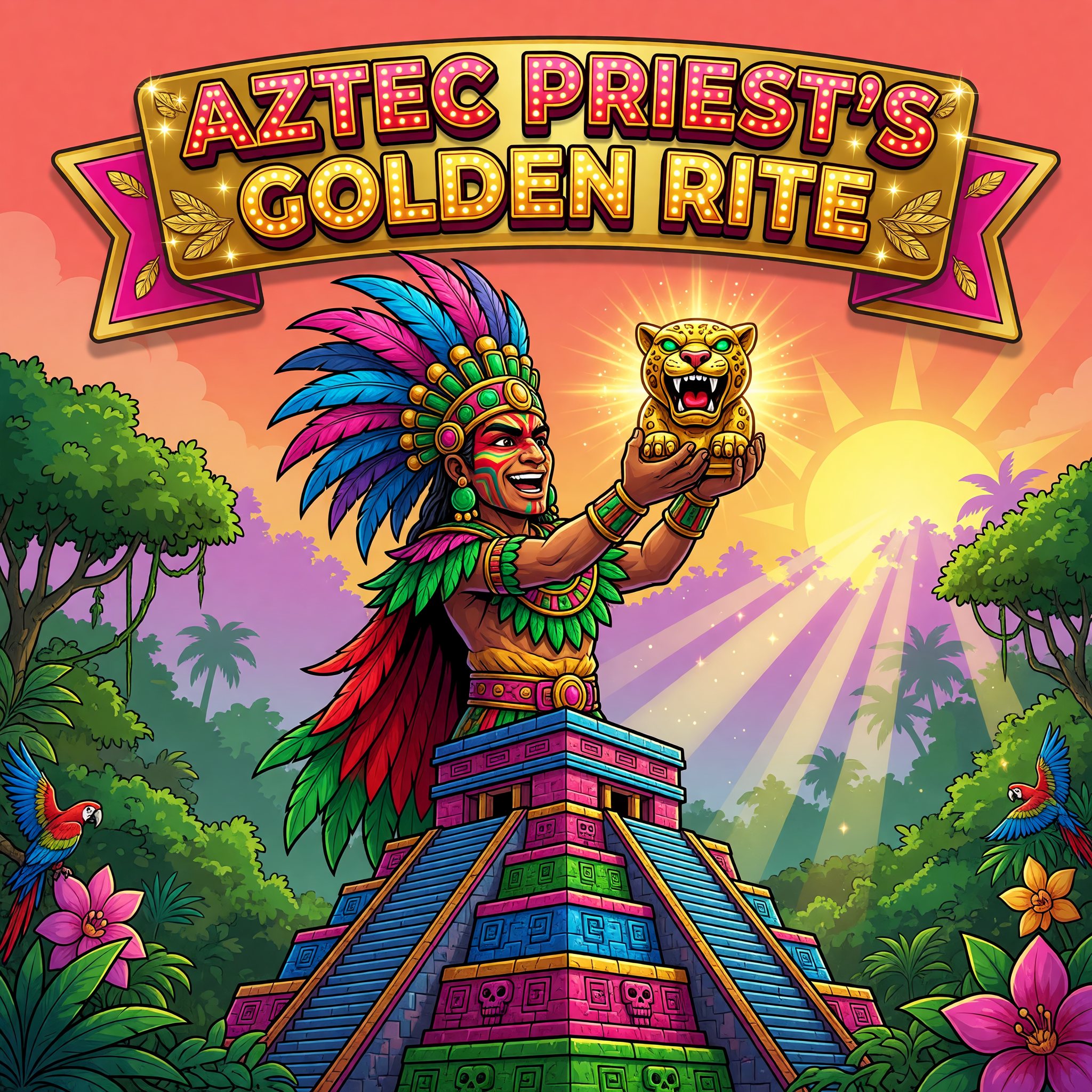 A feathered Aztec priest raising a glowing golden idol atop a jungle pyramid at dawn, Aztec Priest's Golden Rite game art.