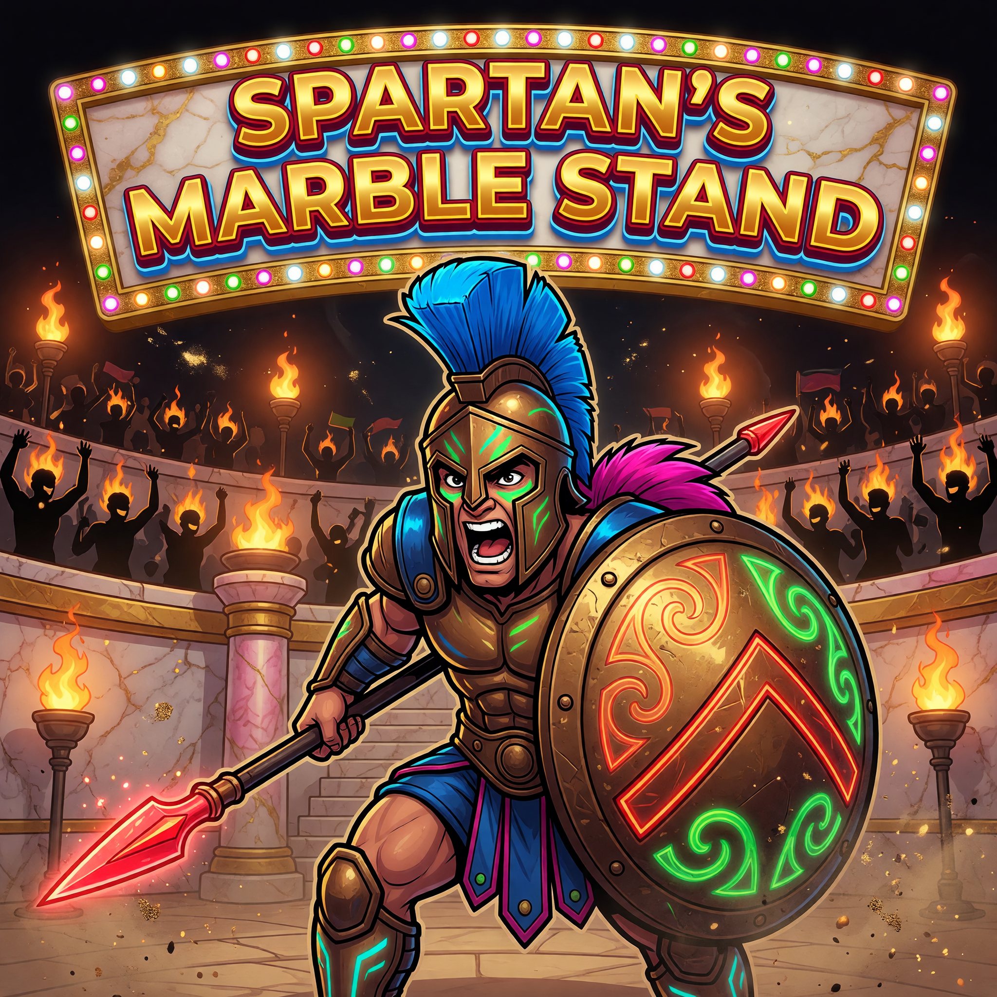 An armored Spartan warrior bracing a shield in a torchlit marble battle arena, Spartan's Marble Stand game art.