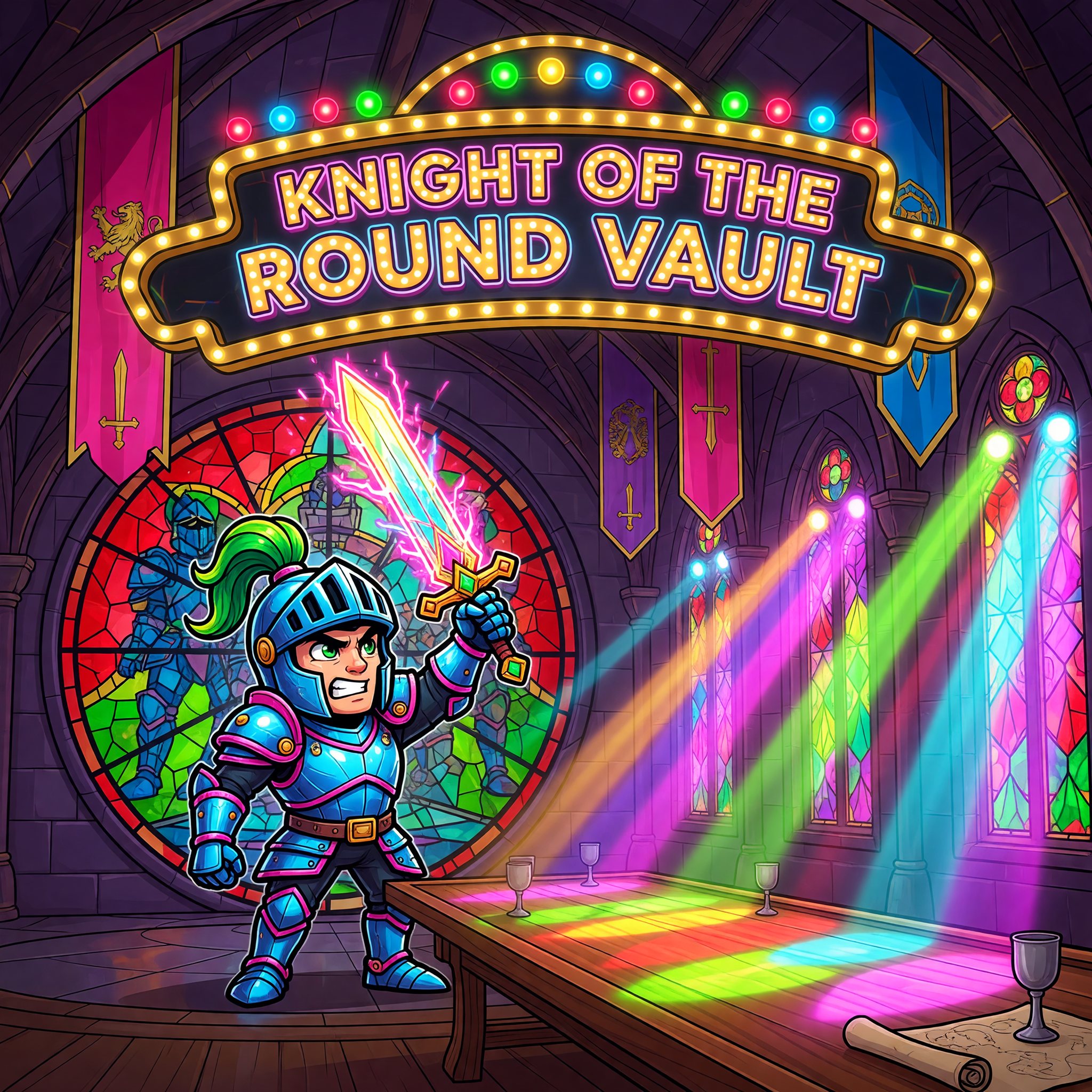 An armored knight raising a sword inside a stained-glass round-table castle hall, Knight Of The Round Vault game art.