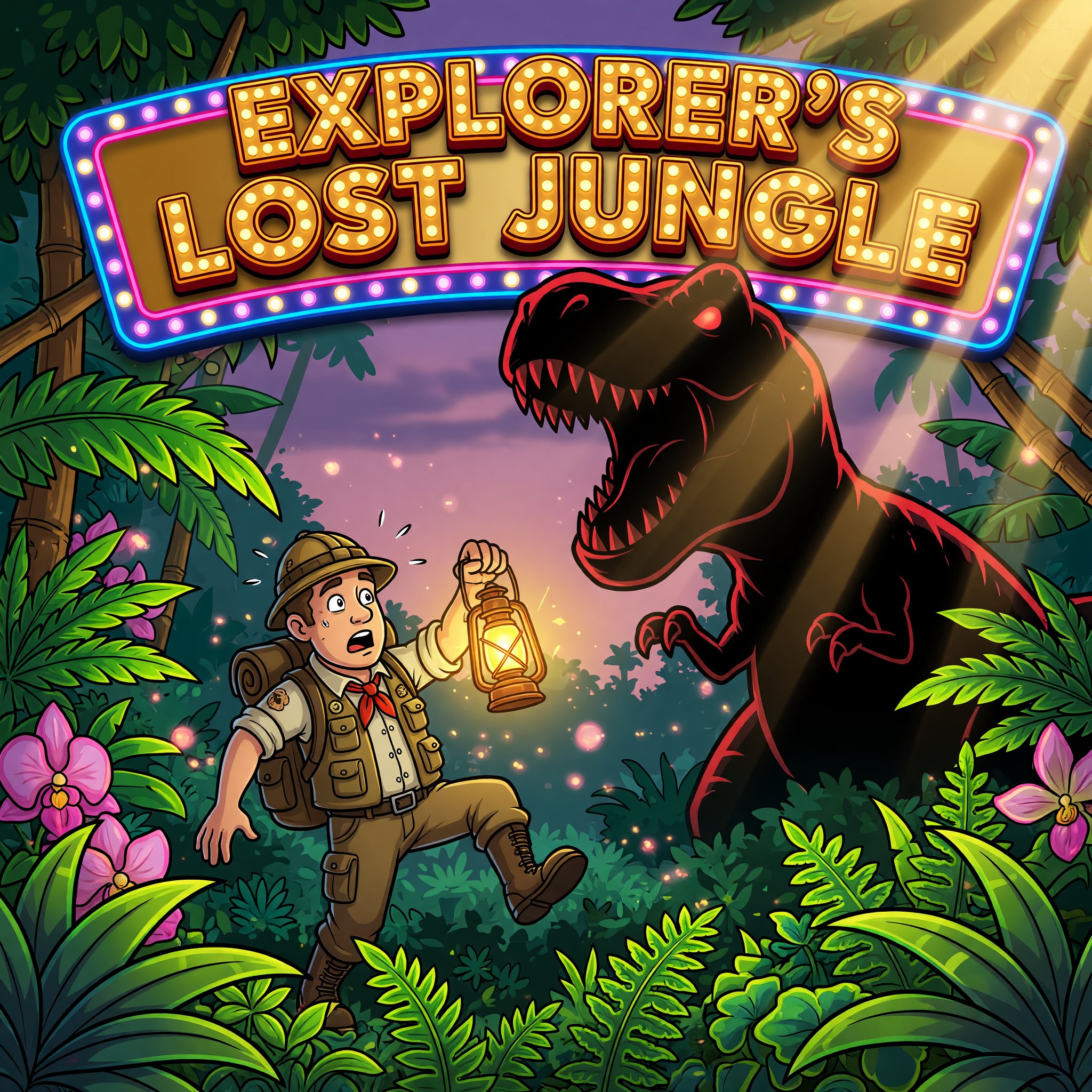 A khaki-clad explorer facing down a towering T-rex in a dense prehistoric jungle, Explorer's Lost Jungle game art.