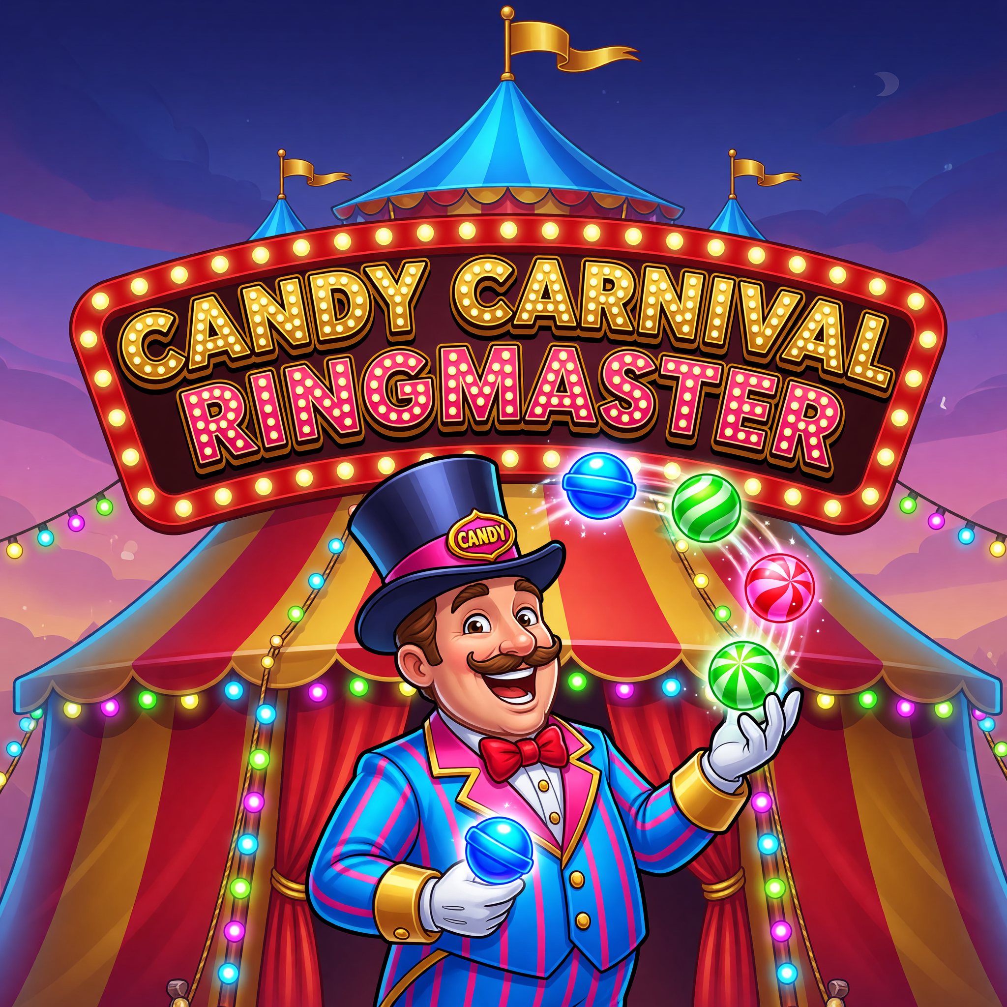 A striped-suit ringmaster juggling glowing candy orbs before a carnival big-top tent, Candy Carnival Ringmaster game art.