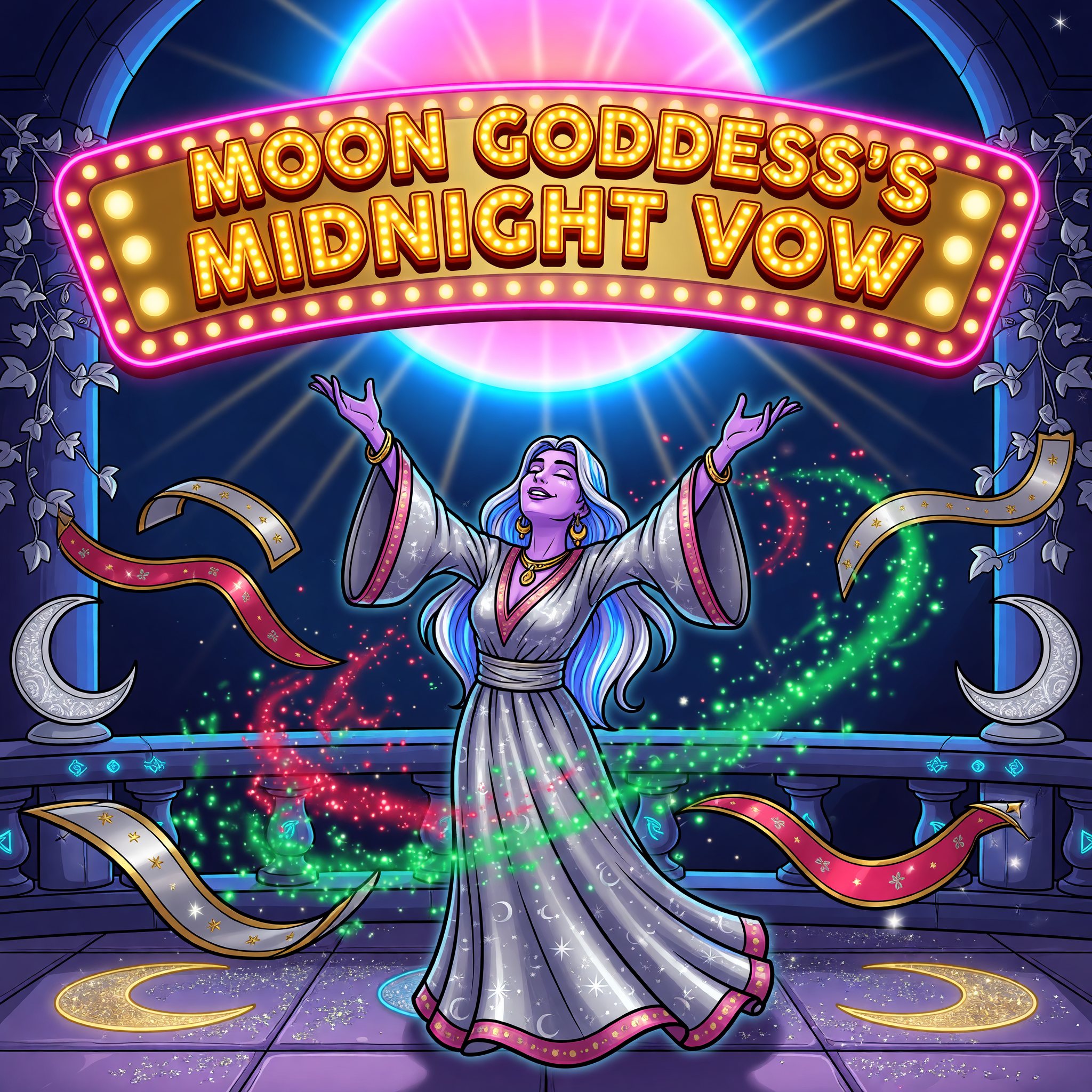 A silver-robed moon goddess raising both arms beneath a huge glowing full moon, Moon Goddess's Midnight Vow game art.